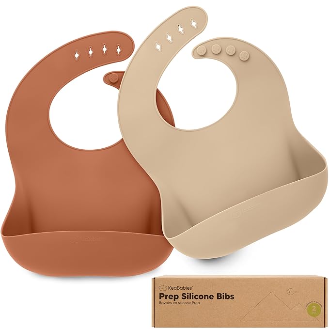 KeaBabies 2-Pack Silicone Baby Bibs for Eating - Sturdy Food-Grade Silicone Bibs for Babies Girl, Boy, Large Food Catcher, Clean & Put On Easily, Waterproof Toddler Feeding Essentials (Terracotta)