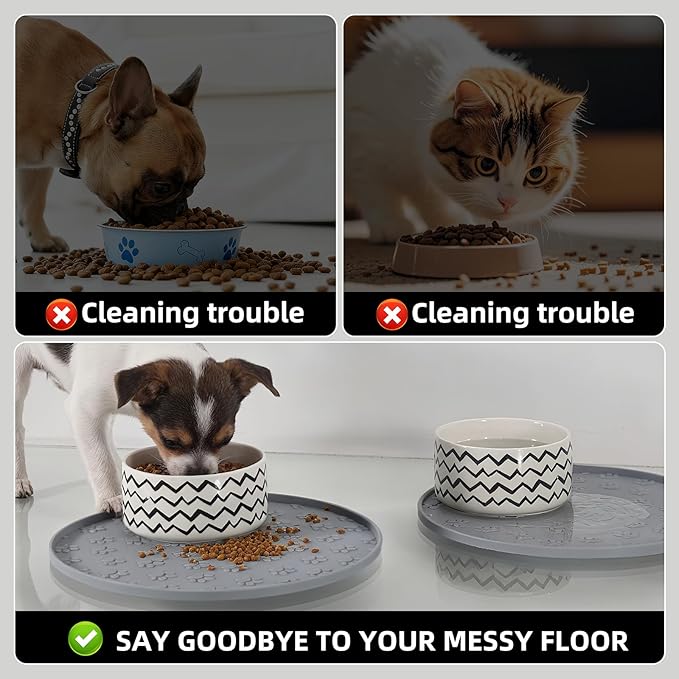 Comtim Waterproof Dog Food Mat - 2 Pack Silicone Pet Food Mat Dog Food Bowl Mats Cat Water Mats Eating Tray, Non-Slip Pet Placemat with Lip for Messy Drinkers to Protect Floor,Light Grey 11"