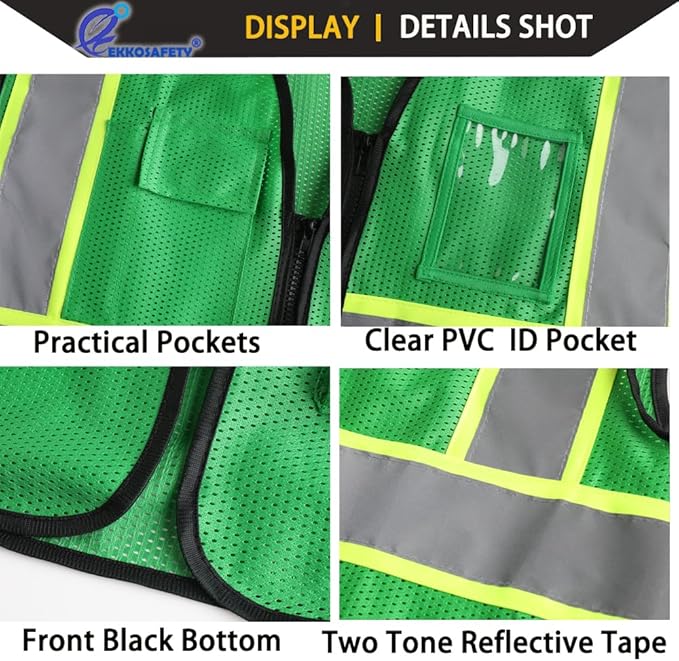 Reflective Mesh Safety Vest for Men Women with 5 Pockets and Zipper Front High Visibility Mesh Vest Hi Vis Construction Work Vest,Meets ANSI/ISEA Standards(EK175-Green-L)