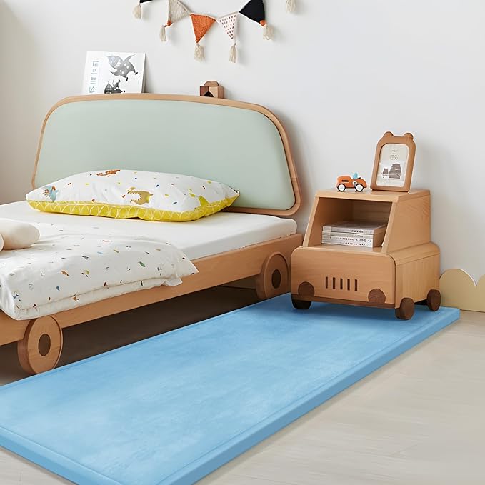 Play Mat for Babies Toddlers,1.3" Thick Elasti-Foam Anti-Fall Cushion Mat for Kids Room,28×72 Bedroom Bedside Rugs,Water-Repellent Soft Coral Velvet(Light Blue)