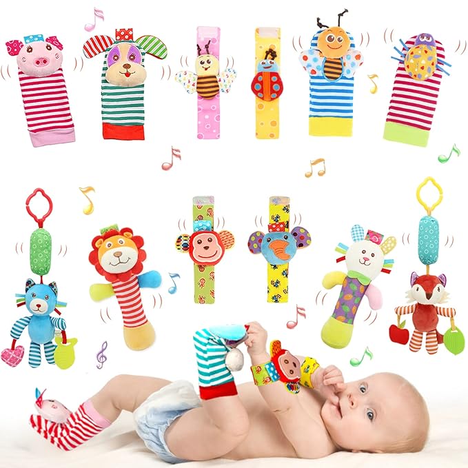 Wrist Rattles Foot Finder Rattle Sock Baby Toy, Hanging Rattle Toy, Arm Hand Bracelet Rattle, Feet Leg Ankle Socks, Activity Rattle Present Gift for Newborn Infant Babies Boy Girl Bebe (12 D)