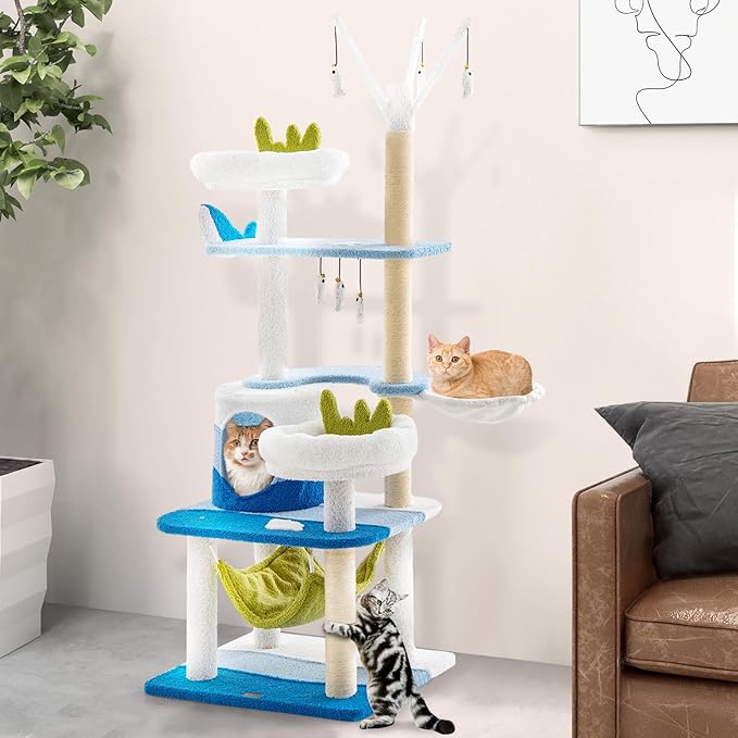 Tangkula Ocean-Themed Cat Tree, Multi-Level Cat Tower with Sisal Scratching Posts, Condo, Perch, Hammock, Jump Platforms, Hanging Interactive Toys, Cute Cat Activity Center for Indoor Cats (65 Inch)
