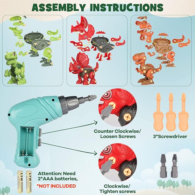 Laradola Dinosaur Toys for 4 5 6 7 8 Year Old Boys, Take Apart Dinosaur Toys for Kids 3-5 5-7 STEM Construction Building Kids Toy with Electric Drill, Party Birthday Gifts