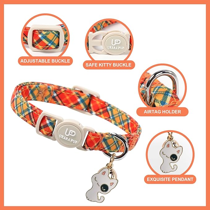 Cat Collar-2Pack Autumn Orange Plaid Kitten Collars-Halloween Plaid Breakaway Kitty Collars-Cute Kitty Pendants,Yellow Orange Grid Cat Collar with Bell, for Girl & Boy Cats