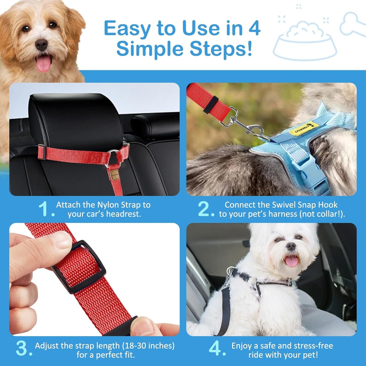 3 Pack Dog Seat Belt for Car, Car Headrest Restraint Adjustable Nylon Fabric, Dog Restraints Vehicle Seatbelts Harness (Black & Red & Purple)