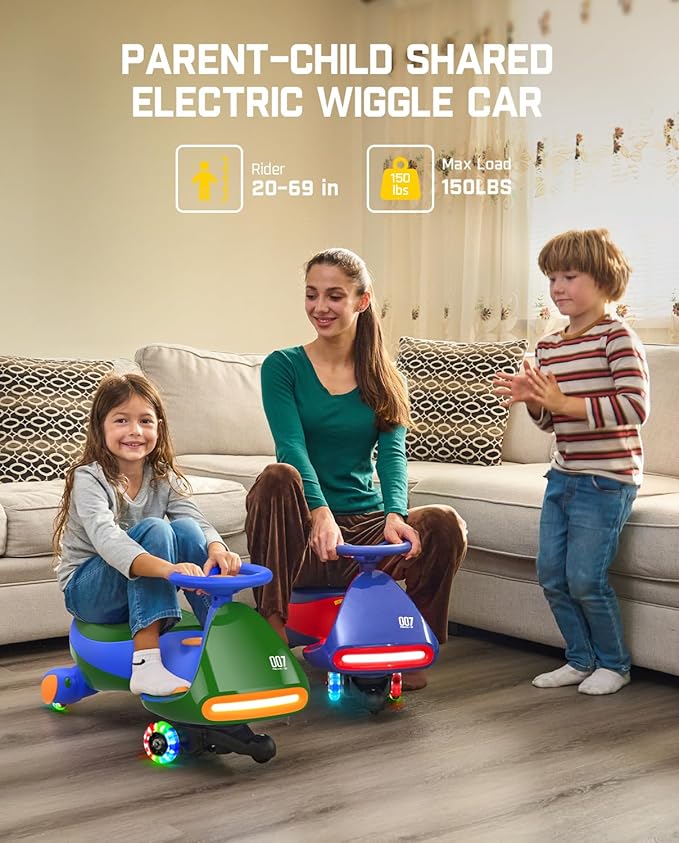 FanttikRide 6V N7 Classic Electric Wiggle Car with Pedal, Rechargeable Battery, Ride on Toys, Swing Car, 2 Speeds, Anti-Rollover, Flashing Light Wheels, Bluetooth, for Ages 3 and Up, 150 Lbs, Green