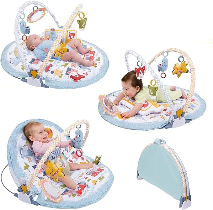 Yookidoo Baby Gym Urban Lay to Sit-Up Playmat. 3-in-1 Newborns Activity Center with Tummy Time Toys, Pillow & Infant Miror. 0-12 Month