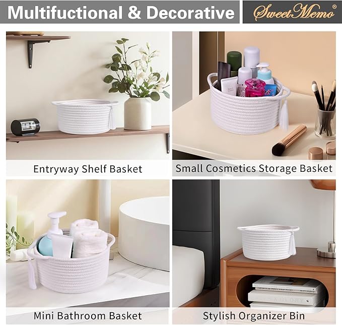 Empty Gift Basket Mini Woven Rope Organizer Baskets for Baby Shower, Vanity, Makeup, Bathroom, Tiny Toys, Desk - Small Decorative Storage Bins - Set of 2, Pre-Shaped, White