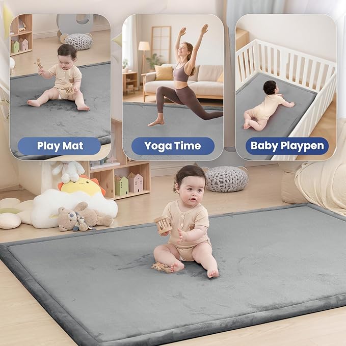Baby Play Mat for Floor,1.3" Thick Elasti-Foam 74×50 Playpen Mat for Toddlers Infant kids,Water-Repellent Soft Coral Velvet for Tummy Time, Non-Slip Backing for Crawling,Tatami Style(Dark Grey)