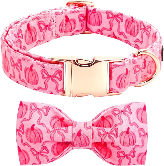 Dog Collar, Pink Pumpkin Print Adjustable Pet Collar Cute Cotton Soft Collars with Bow Tie Fall Metal Buckle Holiday Puppy Collars Boy&Girl Gift for X-Small Dogs