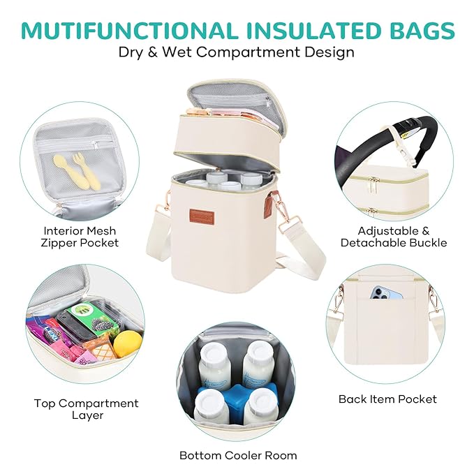 PIIOSER Baby Bottle Tote Bag with Ice Pack, Fits 4 Baby Bottles Up to 9 Ounce, Small Insulated Breastmilk Cooler Travel Bag with Shoulder Strap for Nursing & Working Mom Daycare (Cream-S)