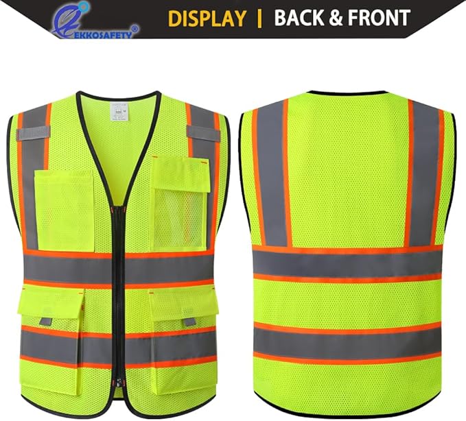 Reflective Safety Vest for Men Women with 9 Pockets and Zipper Front Class 2 High Visibility Mesh Work Vest Hi Vis Construction Vest,Meets ANSI/ISEA Standards(EK176-Yellow-3XL)