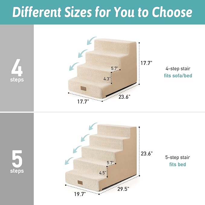 Dog Stairs for Small Dogs, 4 Tier Wider Pet Stairs for Couch and Beds, 17.7" H Non-Slip Dog Steps for Old Cats, Puppy, Small Medium Dogs, 17.7x23.6x17.7 inch, Beige