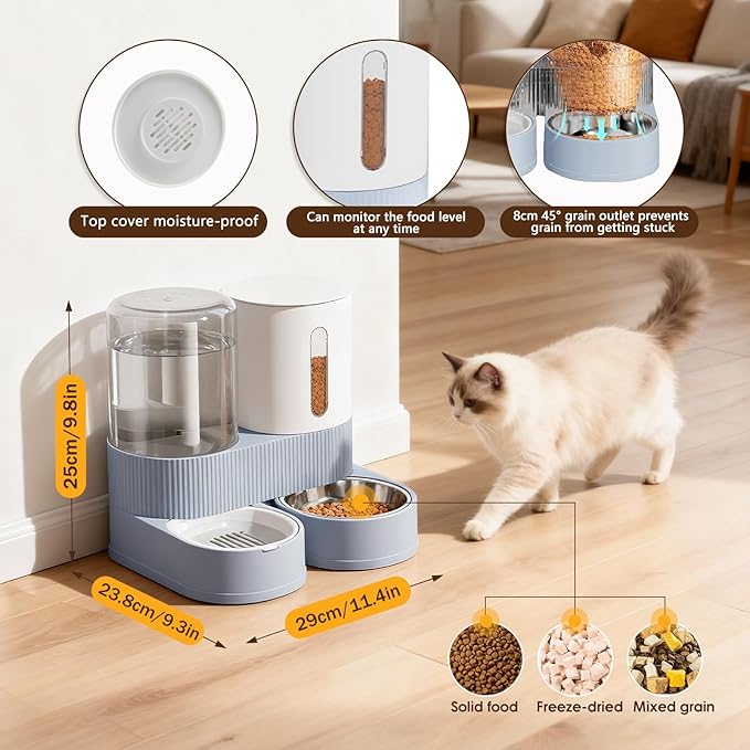Automatic Gravity Cat Dog Feeder and Water Dispenser with 304 Stainless Steel Bowls 2 in 1 360 Degree Rotatable Auto 2.4L Dry Food and 2.6L Water Bowl for Small Medium Pet Dog Puppy Kitten (Blue)