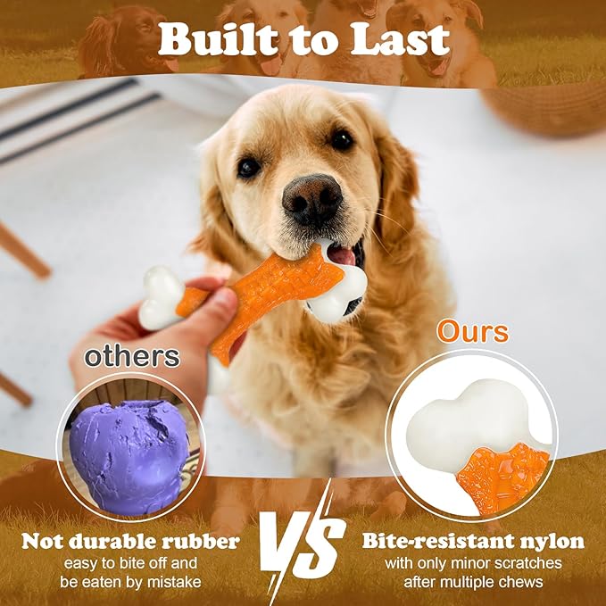 2-Pack Indestructible Dog Toys for Aggressive Chewers: Peanut Butter Flavored Hard Nylon Bone Chew Toys, Tough Dog Chew Toys, Dog Toys to Keep Them Busy for Medium Large Dogs, Orange