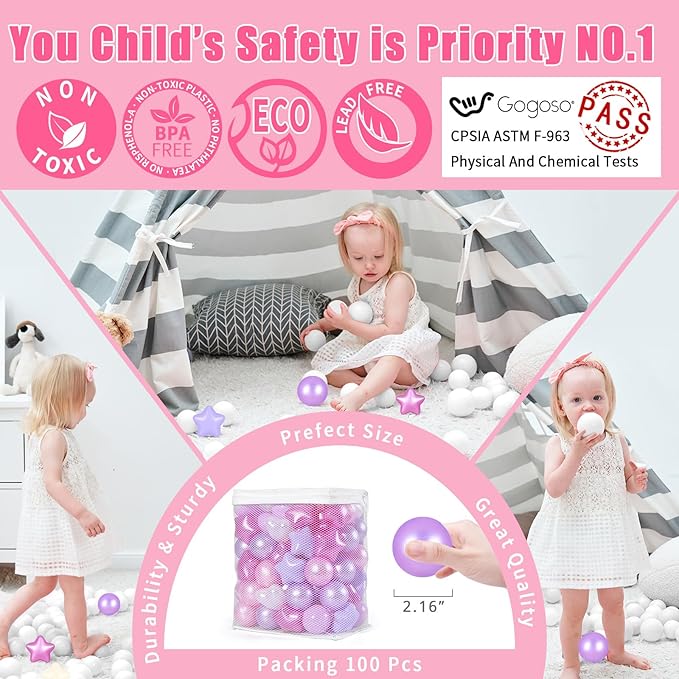 GOGOSO Ball Pits Balls for Toddlers Pack of 50 100 200 Plastics Shape Ball Non-Phthalate Non-BPA Non-Toxic 2.2-Inch Crush Proof Play Balls