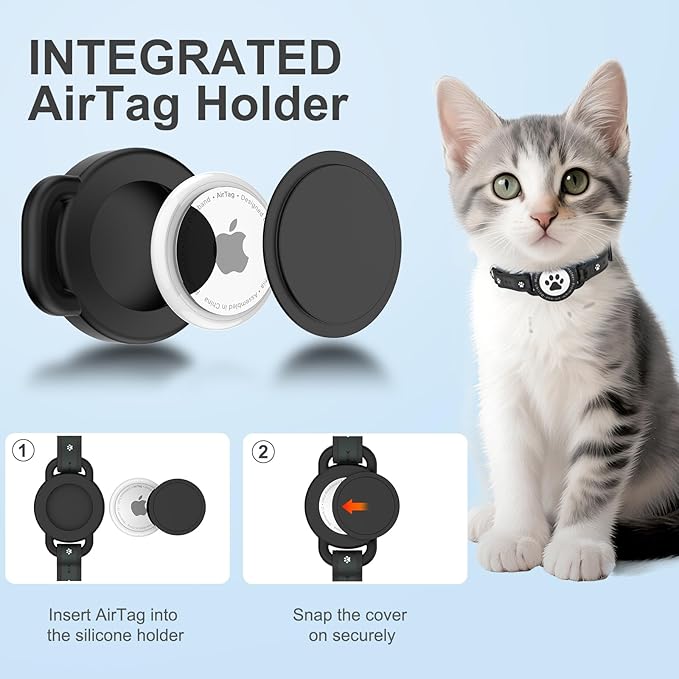 Airtag Cat Collar Breakaway, Reflective Cat Collar with AirTag Holder and Bell, Compatible with Apple Air Tag, Comfortable Padding, Adjustable, Durable (Black, S)