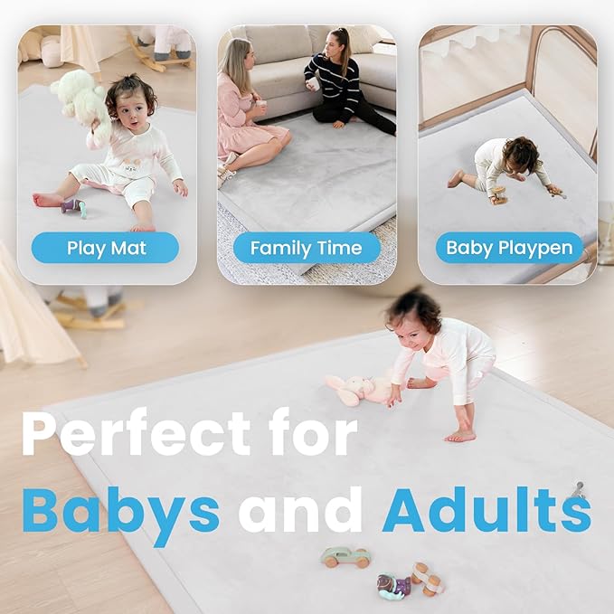 1.3" Thick Baby Play Mat for Floor, 28x72 Foam Tummy Time Mat, Padded Support Soft Plush Bedside Rugs for Infant Kids Toddler Crawling Kick Activity (Light Grey)