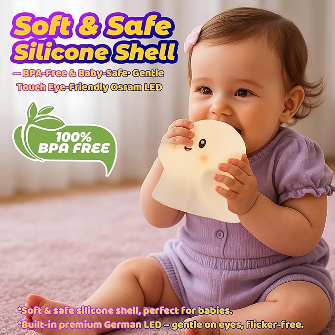 Halloween Ghost Night Light RGB – Touch Night Light for Kids, Rainbow Color-Changing,30-Min Timer,Sounds & Sleep Music, Squishy Silicone, USB Rechargeable, Nursery Decor, Ghost Light Decor