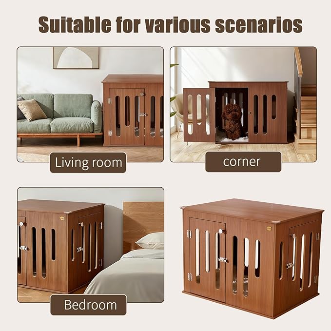 32 Inch Dog Crate Furniture for Medium Small Dogs with 2 Quick-Release Doors, Waterproof Multi-Layer Solid Wood in Walnut Color, Doubles as TV Stand,Side Table