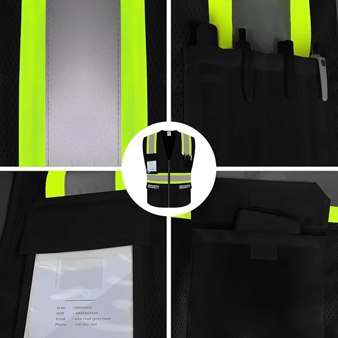 Security Vest for Security Guard, Safety Vest with Pockets, Reflective Work Wear with Zipper, High Visibility apparel, ANSI Compliant, Black, XL