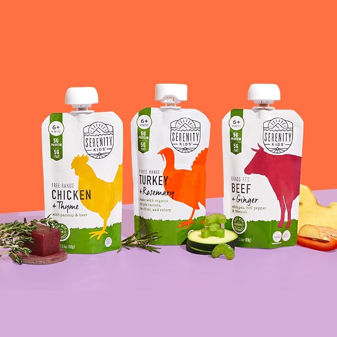Serenity Kids 6+ Months Baby Food Pouches Puree - BPA-Free Meats & Herbs - Organic Baby Food Puree with Meat & Veggies - 3.5 Oz, 6 Pack