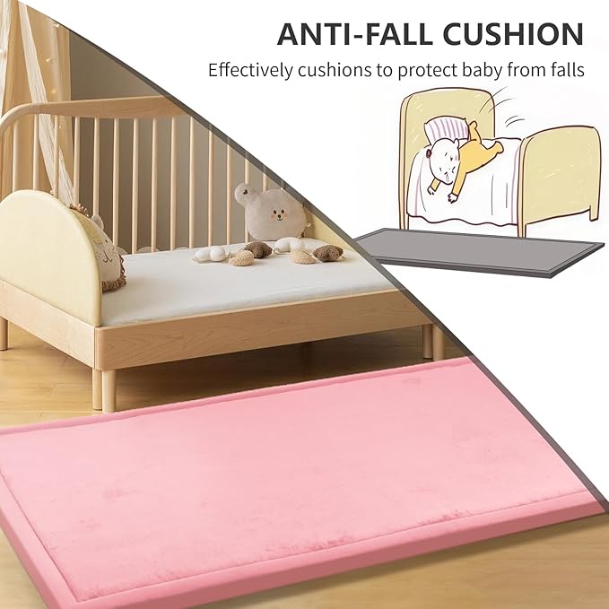 Play Mat for Babies Toddlers,1.3" Thick Elasti-Foam Anti-Fall Cushion Mat for kids Room,28×72 Bedroom Bedside Rugs,Water-Repellent Soft Coral Velvet,Non-Slip(Pink)