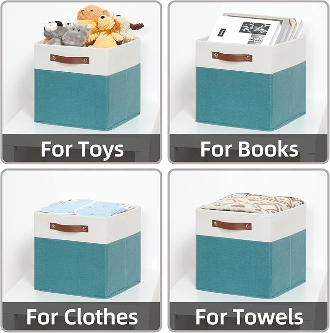 HNZIGE Storage Cubes Bins for Organization Set of 4, Fabric Storage Cube 12 x12, Collapsible Storage Bins Basket Cube with Handles, Canvas for Organizing Shelf Home Nursery(Teal White)