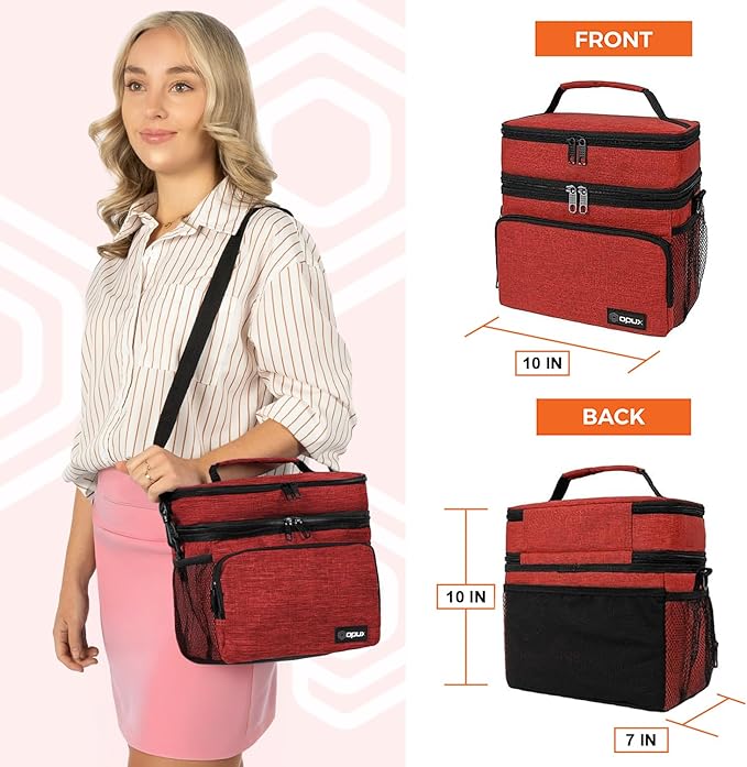 opux Insulated Lunch Bag for Men Women, Large Dual Compartment Cooler Bag, Soft Two Deck Lunch Box for Work School Picnic, Leakproof Lunch Tote with Shoulder Strap for Kid Adult (Red, Double Deck)