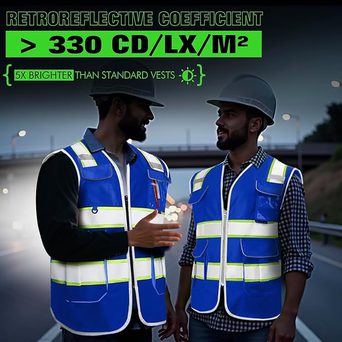 BeautyWill 5Pack Custom Logo Safety Vest 8 Pockets Class2 ANSI Certified High Visibility Reflective Vest for Men - Personalized Logo Heavy-Duty Work Vest（Blue，XL）