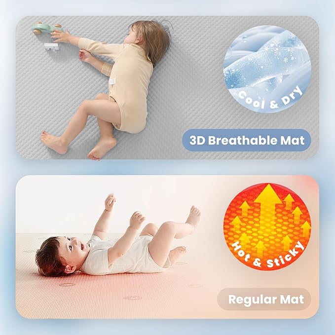 Baby Play Mat for Summer,1.3 Thick Memory Foam Cooling Floor Tummy Time Mat, Soft & Breathable, Non-Slip Rectangular for Toddlers’ Playtime & Rest(Grey,39"x59")