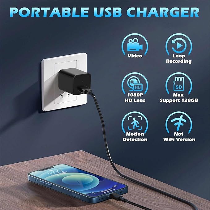 USB Charger Camera, 1080P HD Smart Security Cameras Indoor Pet Nanny Cam with Motion Detection, Loop Recording Mini Video Recorder for Home, No Audio