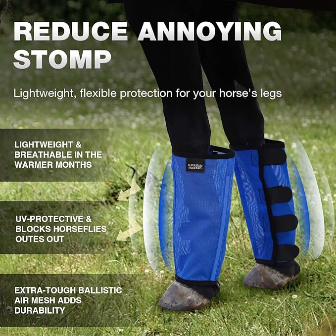 Harrison Howard Loose-Fitting Horse Fly Leggings Breathable, Tear-Resistant Fine Mesh Leg Guards Stay-on Comfortable Fly Boots (Set of 4) Blue Medium