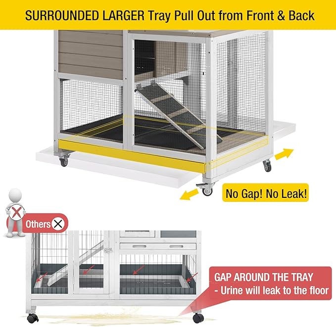 Aivituvin Upgrade Rabbit Cage Indoor Bunny Hutch with Run with Two Deeper No Leak Trays - 4 Casters Include for Outdoor (Mocca)