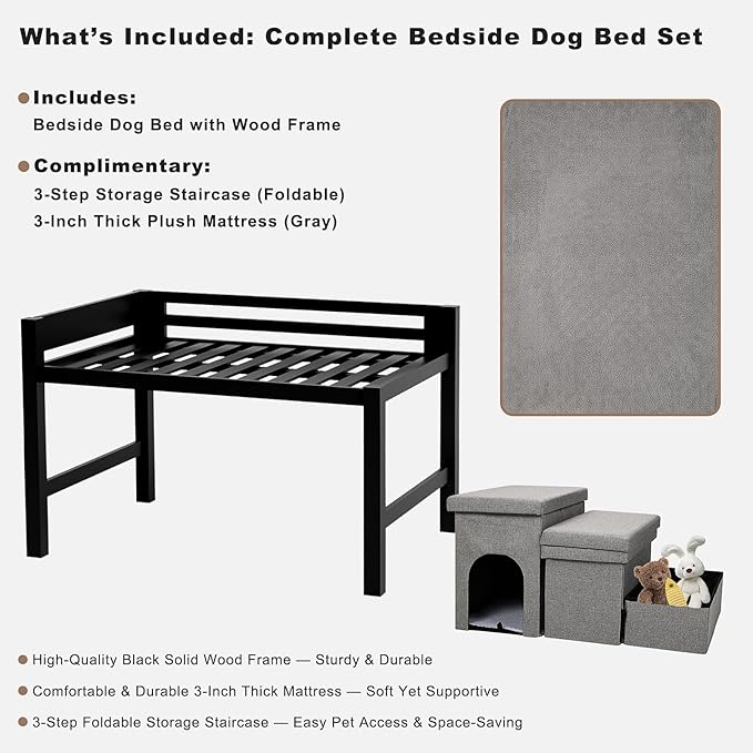 Bedside Dog Bed with Mattress - Raised Wooden Pet Cosleeper with Guardrail, Removable Mattress & 3-Step Foldable Stairs, Freestanding Bassinet-Style Elevated Dog Bed for Medium Sized Dogs