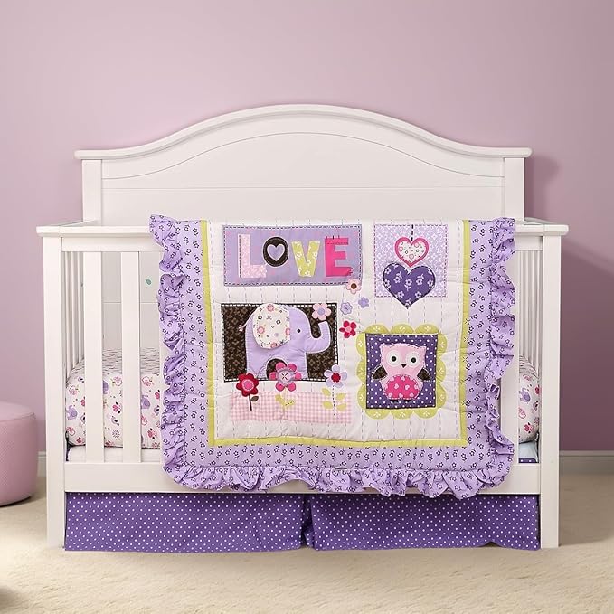 Brandream Crib Bedding Set 3 Pieces Purple Baby Girls Cotton Patchwork Flowers Elephant Owl Nursery with Ruffle Design, Princess Lovely Cute Breathable Healthy