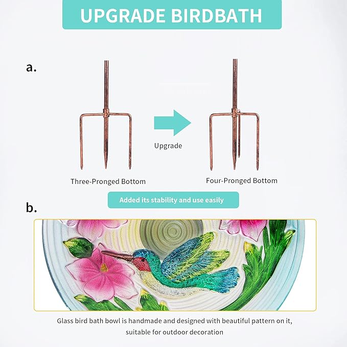 MUMTOP Glass Bird Bath, Garden Outdoor Birdbaths Birdfeeder with Metal Stake Hummingbird