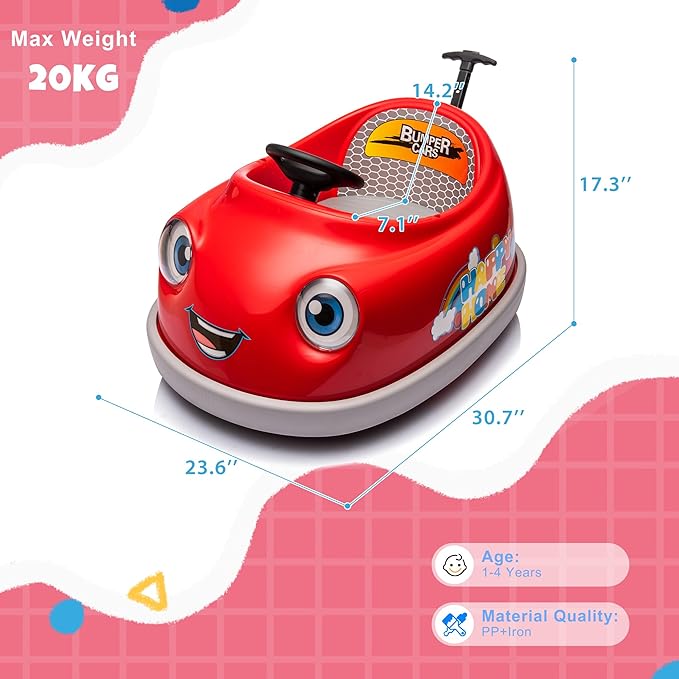 12V Dual Battery Electric Ride on Kids Bumper Car w/Remote Control,360 Degree Spin,Push Rod Rocker Horse Function,3-Speeds Babies & Toddlers Bumping Car Ride on Toy Gift for 1-4 Years Children (Red)