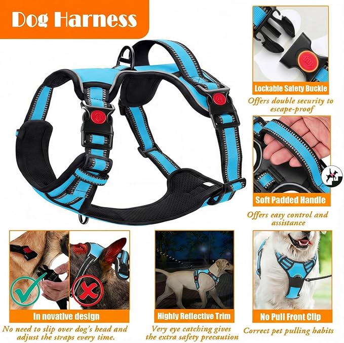 No Pull Dog Harness, Collar & Leash Set | Includes Dog Seat Belt, Collapsible Bowls & Poop Bag Dispenser. Ideal for Training, Walking, Hiking. Fits Small to Large Dogs(Blue-S)