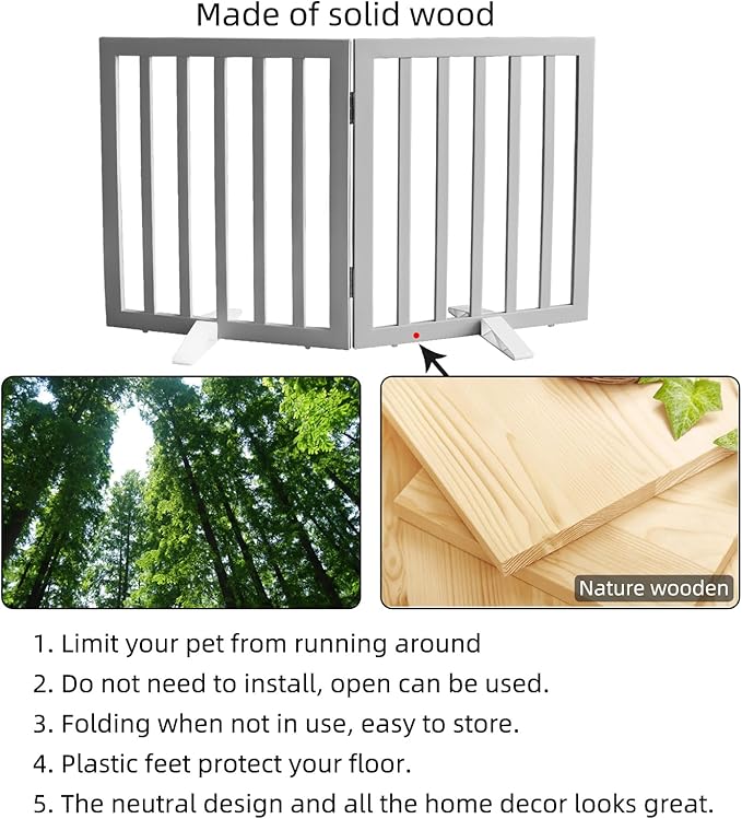 ZJSF Freestanding Indoor Dog Gate for House Foldable Wood Puppy Gate for Doorways Pet Gate for Stairs Extra Wide Pet Fence, Grey, 24" Height 2 Panels