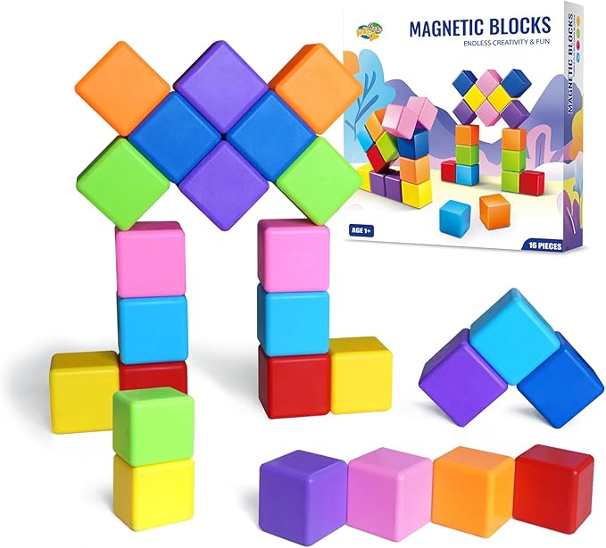Large Magnetic Building Blocks in 8 Colors, 1.65 Inch Magnet Cubes for Sensory Education, STEM Learning Stacking Toys for Toddlers, 1 2 3 Years Old Boys & Girls Birthday Gifts (16PCS)