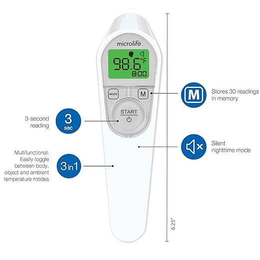 Microlife Non-Contact Forehead Thermometer, Digital Infrared No-Touch Thermometer (for Adults, Kids & Baby), Large Backlit LCD Screen, Fever Alarm, Memories & Instant Accurate Readings