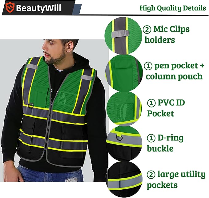 BeautyWill Custom Safety Vest Customized Logo Mesh Vest Class2 High Visibility Reflective Vest with Pockets Workwear（Green Black，M ）