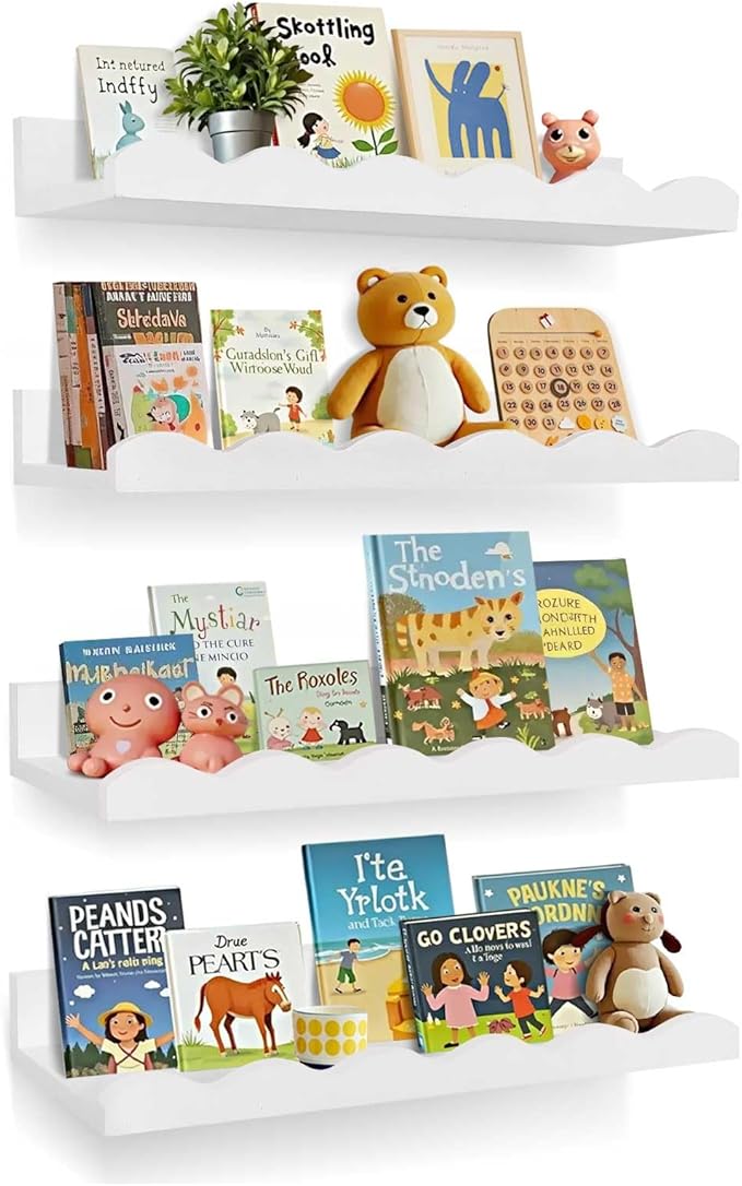 Nursery Book Shelves, 4 Pack White Floating Shelves for Wall, Wood Scalloped Shelves for Storage Books, Wall Book Shelf for Kids Rooms, Bedroom, Toddler Room, Baby Room, Nursery Decor