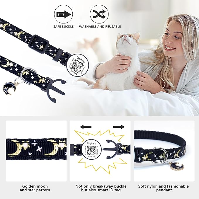 Stars and Moon AirTag Cat Collar with AirTag Holder,Air Tag Cat Collar for Apple. Solid & Safe, Pet Collar, Breakaway Cat Collar, Scan QR for Instant Location Alerts.NO APP(Black)