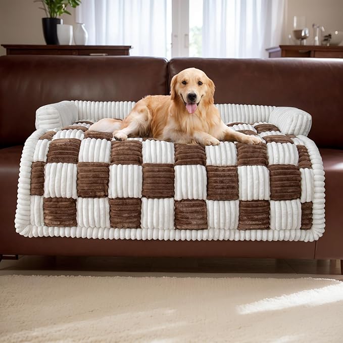 LiveGo Fuzzy Pet Couch Covers for Sofa, Dog Couch Cover Fuzzy Sofa Cover Cream Square Plaid Dog Bed Plush Dog Mat for Furniture Protector for Large Medium Dogs and Cats