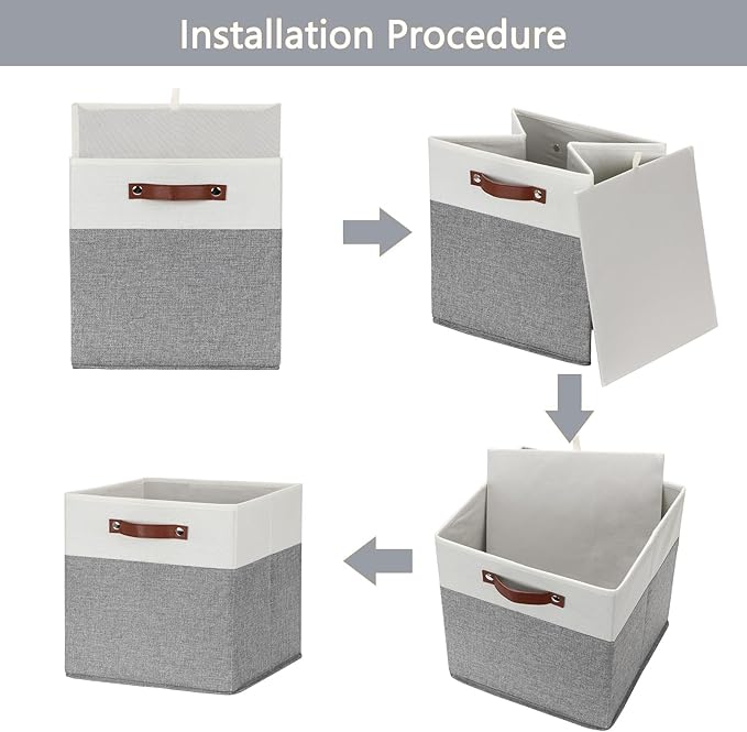 HNZIGE Fabric Storage Cubes 12x12 Cube Storage Bins, Set of 4, Decorative Cube Organizers Bins for Shelves with Handles,Foldable Bins for Cube Organizer Home Toy Nursery Closet(White Gray)