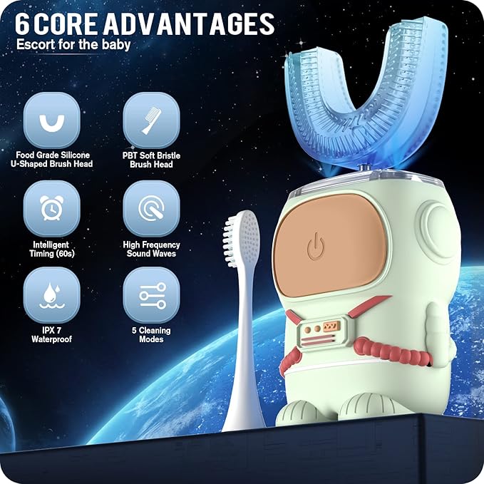 Ultrasonic Kid's U-Shaped Electric Toothbrush, IPX7 Waterproof, Five Cleaning Modes, 60S Smart Reminder (Cartoon Astronaut, Green Ages 2-6)