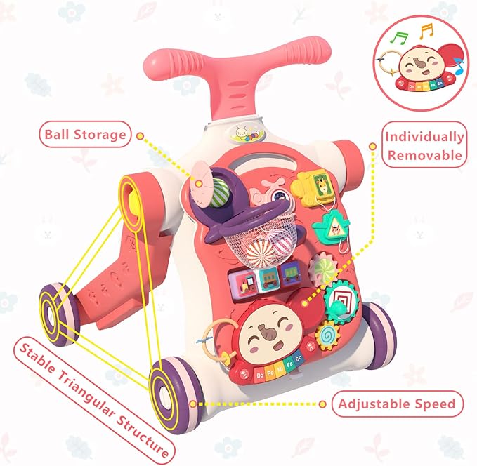 QDRAGON 5 in 1 Walker for Baby Girl, Baby Push Walkers, Assemble as Scooter/Motorbike/Activity Center/Detachable Panel, Walking Toys for Infants 6-12 Months, Red