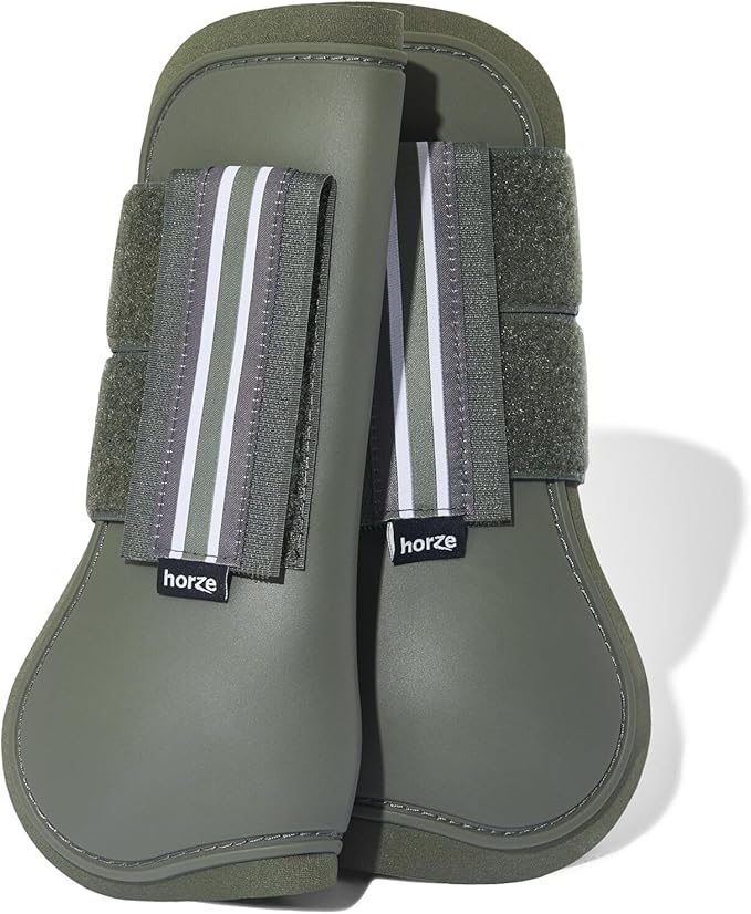 HORZE Adepto Open Front Tendon Boots | Durable Shell with Neoprene Lining - Beetle Khaki Green - Pony